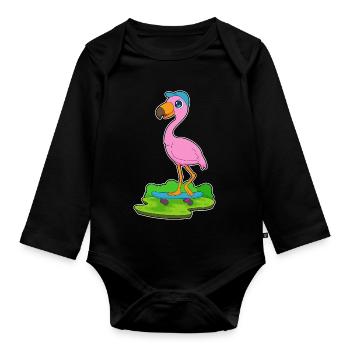 Flamingo Skater Skateboard - Baby Bio-Langarm-Body - Schwarz - Vorne