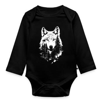 Wolf Face Forest Silhouette - Organic Longsleeve Baby Bodysuit - black - Front