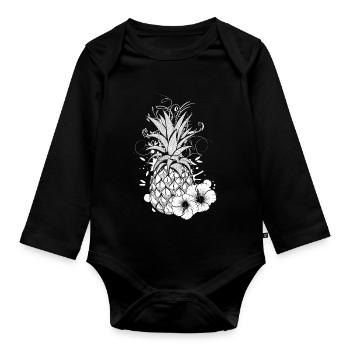 Embellished pineapple with tropical floral flair - Organic Longsleeve Baby Bodysuit - black - Front