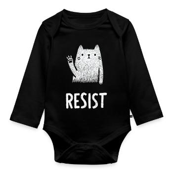 Illustration der winkenden weißen Katze - Baby Bio-Langarm-Body - Schwarz - Vorne