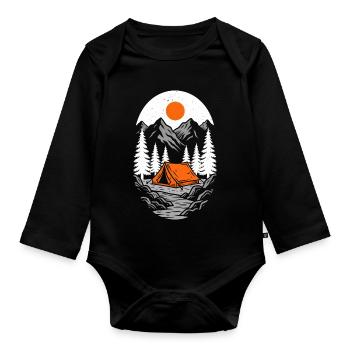 Orange tent in mountain landscape - Organic Longsleeve Baby Bodysuit - black - Front