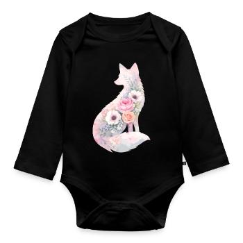 Fuchs Silhouette Aquarell Blumen - Baby Bio-Langarm-Body - Schwarz - Vorne