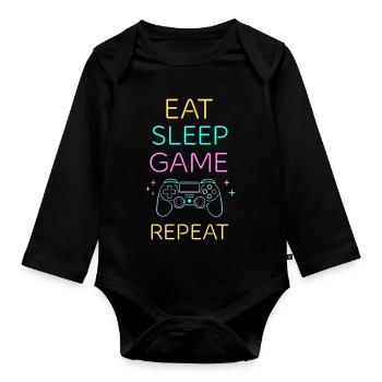 EAT SLEEP GAME REPEAT Neon Zocken Gaming - Baby Bio-Langarm-Body - Schwarz - Vorne