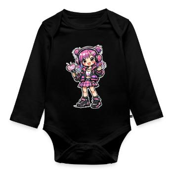 Kawaii Anime Mädchen mit Kopfhörer - Baby Bio-Langarm-Body - Schwarz - Vorne