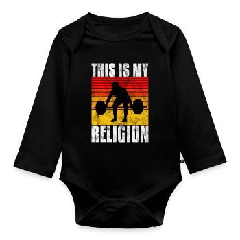 Bodybuilding is my religion Bpdybuilder GYM Retro - Baby Bio-Langarm-Body - Schwarz - Vorne