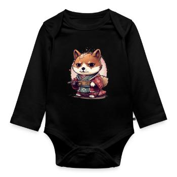 Japanese dog Shiba Inu Samurai with katana - Organic Longsleeve Baby Bodysuit - black - Front