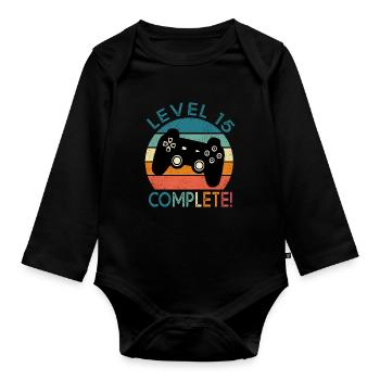 Birthday 15 years gamer level 15 gift 15 years - Organic Longsleeve Baby Bodysuit - black - Front