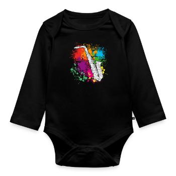 Saxophone, Sax, splashes of color - Organic Longsleeve Baby Bodysuit - black - Front