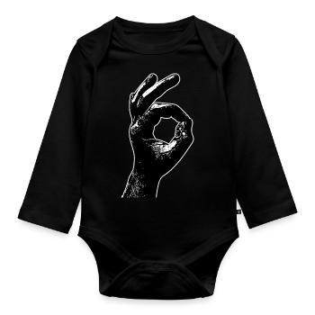 Hand Finger OK Okay Sign 666 Look inside - Organic Longsleeve Baby Bodysuit - black - Front