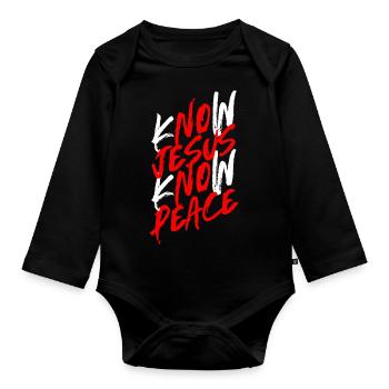 Connaître Jésus Connaître la paix - Vêtements chrétiens - Body Bébé bio manches longues - noir - Devant
