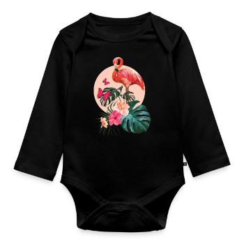 Flamant rose et Monstera Deliciosa - Body Bébé bio manches longues - noir - Devant