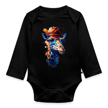Giraffe as hipster spectacle wearer with hat - Organic Longsleeve Baby Bodysuit - black - Front