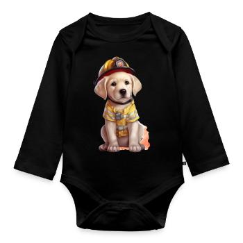 Firefighter cute labrador - Organic Longsleeve Baby Bodysuit - black - Front
