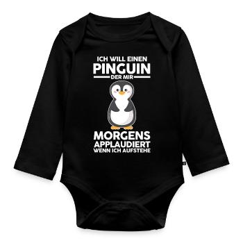 Tiermotiv Pinguin - Baby Bio-Langarm-Body - Schwarz - Vorne