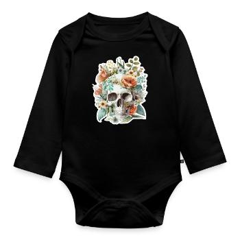 Human Skull & Flowers 10 - Organic Longsleeve Baby Bodysuit - black - Front