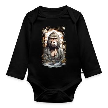 Figure mythique singe fleurs de cerisier Ukiyo-E Style Vintage - Body Bébé bio manches longues - noir - Devant