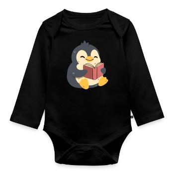 Penguin reading a book - Organic Longsleeve Baby Bodysuit - black - Front