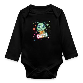 CARRIE - Schöner Mädchen Name mit süßem Alien - Baby Bio-Langarm-Body - Schwarz - Vorne
