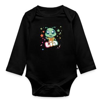LIA - Schöner Mädchen Name mit süßem Alien - Baby Bio-Langarm-Body - Schwarz - Vorne