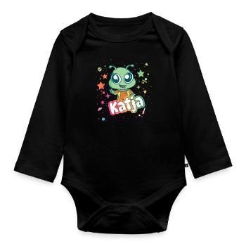 KATJA - Schöner Mädchen Name mit süßem Alien - Baby Bio-Langarm-Body - Schwarz - Vorne