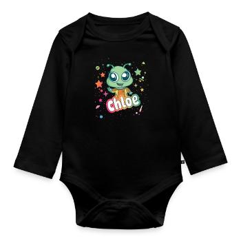 CHLOE - Schöner Mädchen Name mit süßem Alien - Baby Bio-Langarm-Body - Schwarz - Vorne