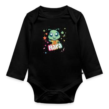 MARA - Schöner Mädchen Name mit süßem Alien - Baby Bio-Langarm-Body - Schwarz - Vorne