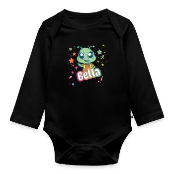 BELLA - Schöner Mädchen Name mit süßem Alien - Baby Bio-Langarm-Body - Schwarz - Vorne
