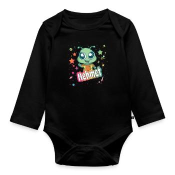 MEHMET - Schöner Junge Name mit süßem Alien - Baby Bio-Langarm-Body - Schwarz - Vorne