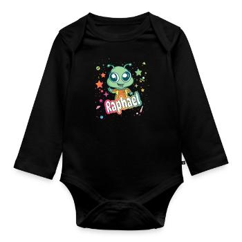 RAPHAEL - Schöner Junge Name mit süßem Alien - Baby Bio-Langarm-Body - Schwarz - Vorne