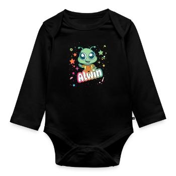 ALWIN - Beautiful boy name with cute alien - Organic Longsleeve Baby Bodysuit - black - Front