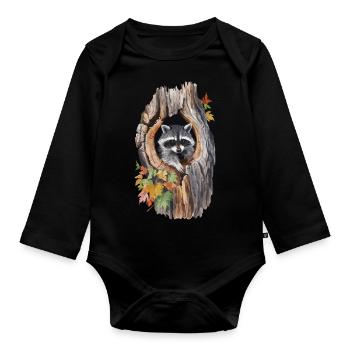 Niedlicher Waschbär in hohlem Baum für einen - Baby Bio-Langarm-Body - Schwarz - Vorne