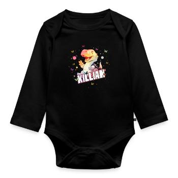 KILLIAN - Schöner Junge Name mit süßem DINO T-REX - Baby Bio-Langarm-Body - Schwarz - Vorne