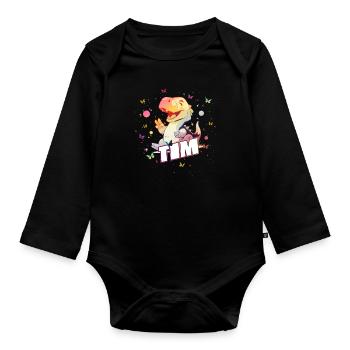 TIM - Beau nom de garçon avec mignon DINO T-REX - Body Bébé bio manches longues - noir - Devant