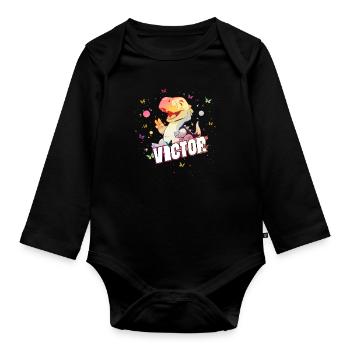 VICTOR - Beautiful boy name with cute DINO T-REX - Organic Longsleeve Baby Bodysuit - black - Front