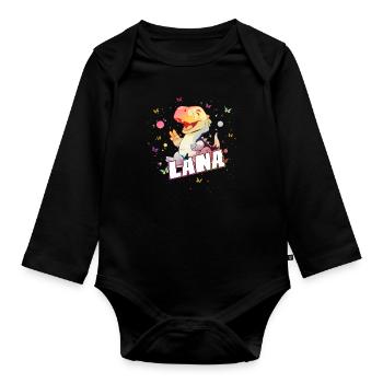 LANA - Beau nom de garçon avec mignon DINO T-REX - Body Bébé bio manches longues - noir - Devant