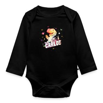 CARLOS - Beau prénom de garçon avec mignon DINO T-REX - Body Bébé bio manches longues - noir - Devant