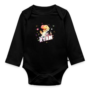 RYAN - Schöner Junge Name mit süßem DINO T-REX - Baby Bio-Langarm-Body - Schwarz - Vorne