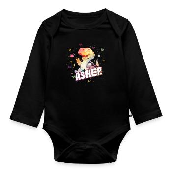 ASHER - Beautiful boy name with cute DINO T-REX - Organic Longsleeve Baby Bodysuit - black - Front