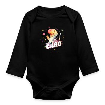 CARO - Beau nom de FILLE avec mignon DINO T-REX - Body Bébé bio manches longues - noir - Devant