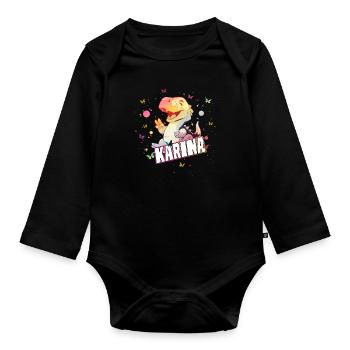 KARINA - Schöner MÄDCHEN Name mit süßem DINO - Baby Bio-Langarm-Body - Schwarz - Vorne