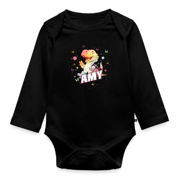 AMY - Schöner MÄDCHEN Name mit süßem DINO - Baby Bio-Langarm-Body - Schwarz - Vorne