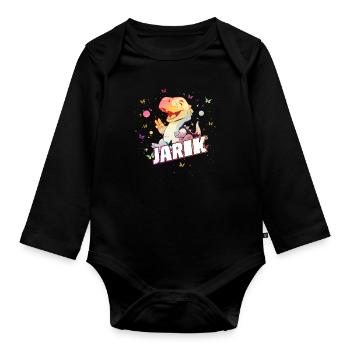 JARIK - Schöner JUNGEN Name mit süßem DINO - Baby Bio-Langarm-Body - Schwarz - Vorne
