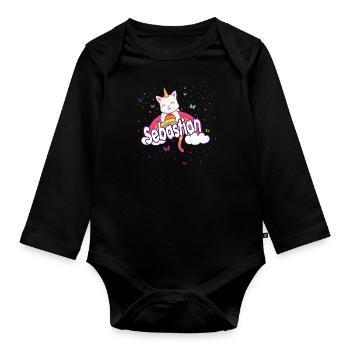 SEBASTIAN - Beau prénom GARÇON avec CATICORNE douce - Body Bébé bio manches longues - noir - Devant
