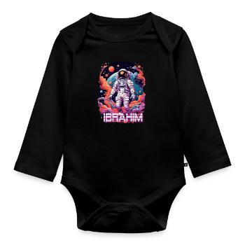 IBRAHIM - Schöner Jungen Name mit coolem Astronaut - Baby Bio-Langarm-Body - Schwarz - Vorne