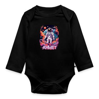 AHMET - Beau prénom de garçon avec astronaute cool - Body Bébé bio manches longues - noir - Devant