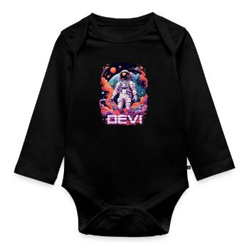 DEVI - Beau prénom de garçon avec astronaute cool - Body Bébé bio manches longues - noir - Devant