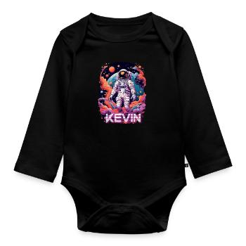 KEVIN - Schöner Jungen Name mit coolem Astronaut - Baby Bio-Langarm-Body - Schwarz - Vorne