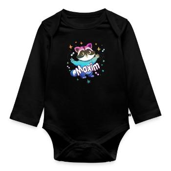 MAXIM - Beautiful boy name with cute raccoon - Organic Longsleeve Baby Bodysuit - black - Front