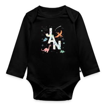 JAN - Schöner Jungen Name mit Dinosaurier - Baby Bio-Langarm-Body - Schwarz - Vorne
