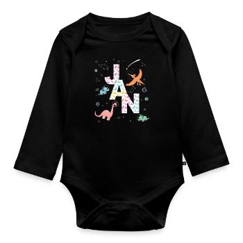 JAN - Beautiful boy name with dinosaur - Organic Longsleeve Baby Bodysuit - black - Front